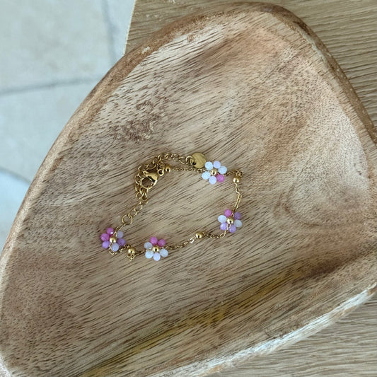 Gouden Armband met Bloemenkralen – Roze & Lila
