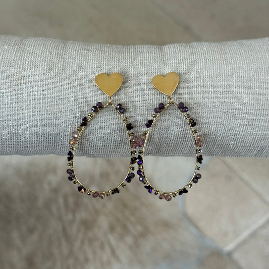 Gouden Traanvormige Oorbellen met Paarse Kralen – Hartstud